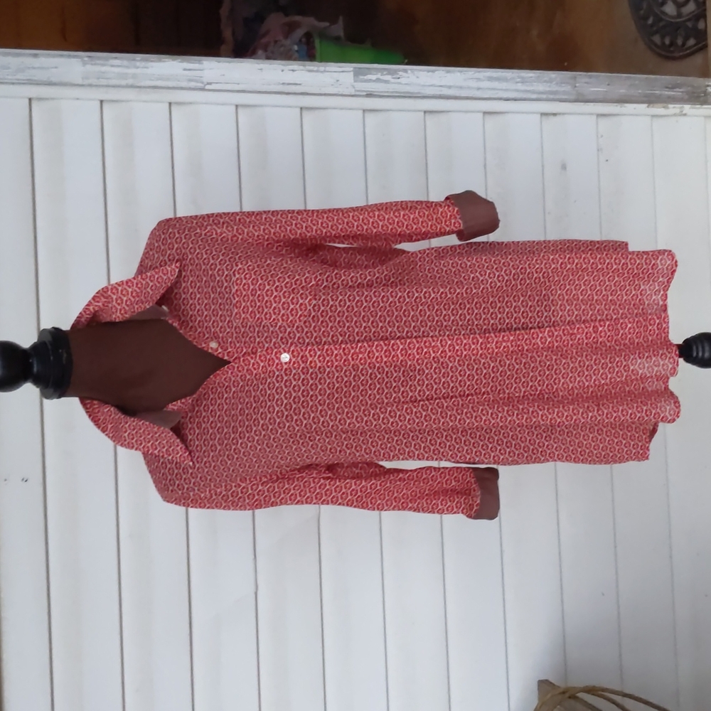 Rebecca Moses Red, White & Brown Long Sleeve Button Down Shirt